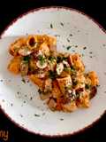 Mezze Maniche with Caponata Cream and Porcini Mushrooms