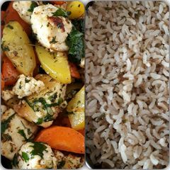 A picture of Herb Brown Rice with Sauteed veggies.