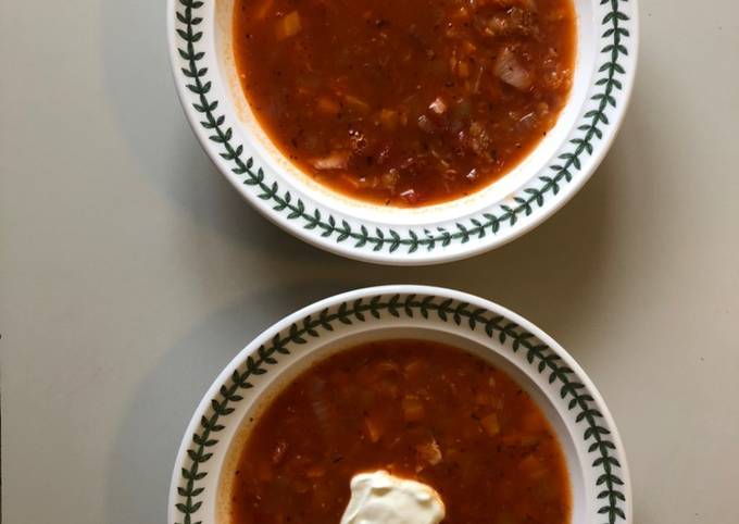 Tinned Tomato, Red Onion & Red Lentil soup (with ham stock & bits or vegetarian alternative)