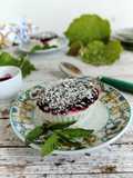 Panna cotta con farina di cocco e coulis di gelsi
