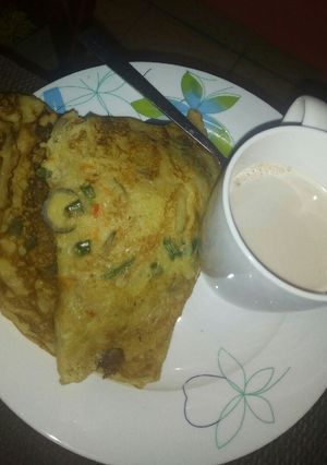 A picture of Vegetable pancake and tea.