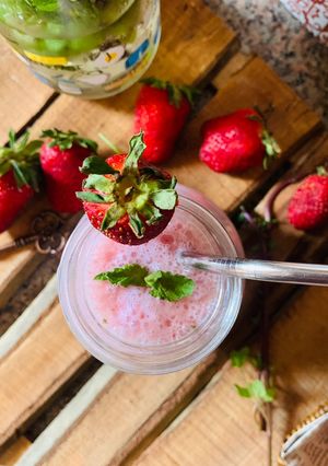 A picture of Strawberry Coconut Milkshake with a hint of Mint.
