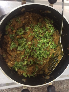 A picture of Vangyache Bharit Aka Baigan Bharta Aka Mashed Aubergines.