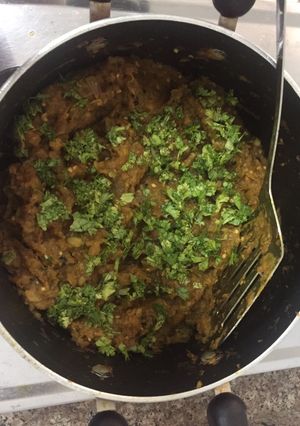 A picture of Vangyache Bharit Aka Baigan Bharta Aka Mashed Aubergines.