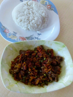 A picture of Vegmeat served with soft ugali.