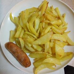 A picture of French fries and sausage #4weeks challenge.