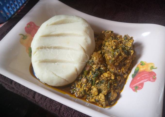 Pounded Yam and Egusi Soup with Bitterleaf