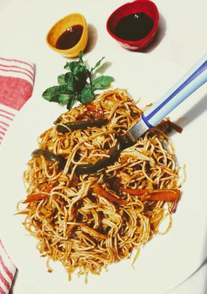 A picture of Veg chowmean indian Chinese style.