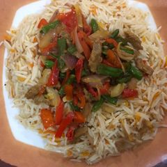 Carrot rice and shredded beef sauce A picture of Carrot rice and shredded beef sauce.