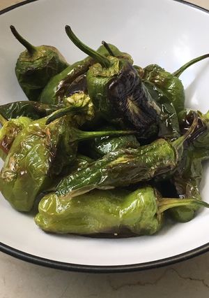A picture of Charred Padron Chilli Peppers.