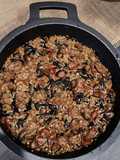 Arroz con Butifarra, Rovellons, Trompetas de la Muerte y Champiñones Portobello