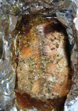 A picture of Baked brown sugar/soy sauce pink salmon fillets.