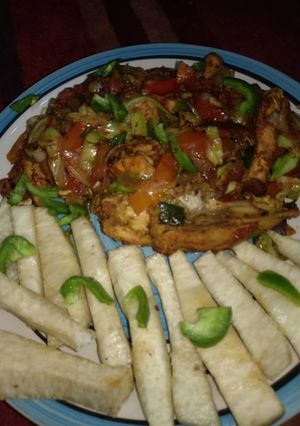 A picture of Yam nd roasted chicken.