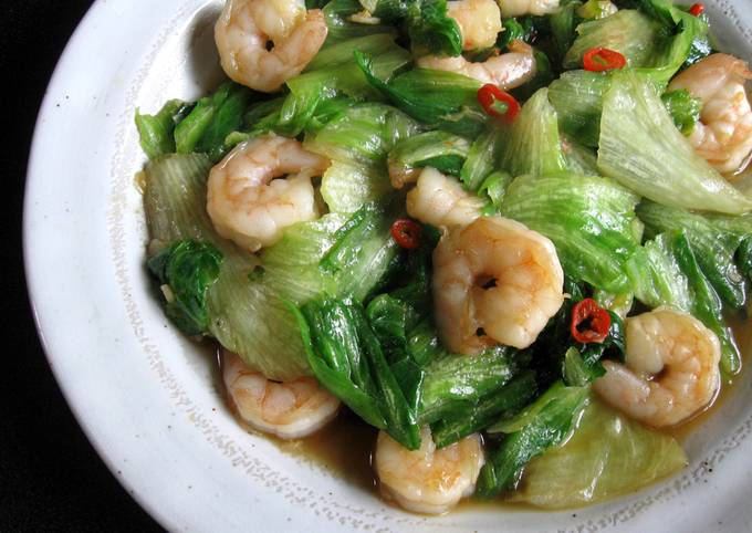 Stir-fried Iceberg Lettuce & Prawns with Garlic & Chilli