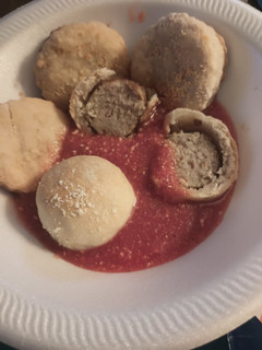 A picture of Meatball Bites and Crackers with Sauce.