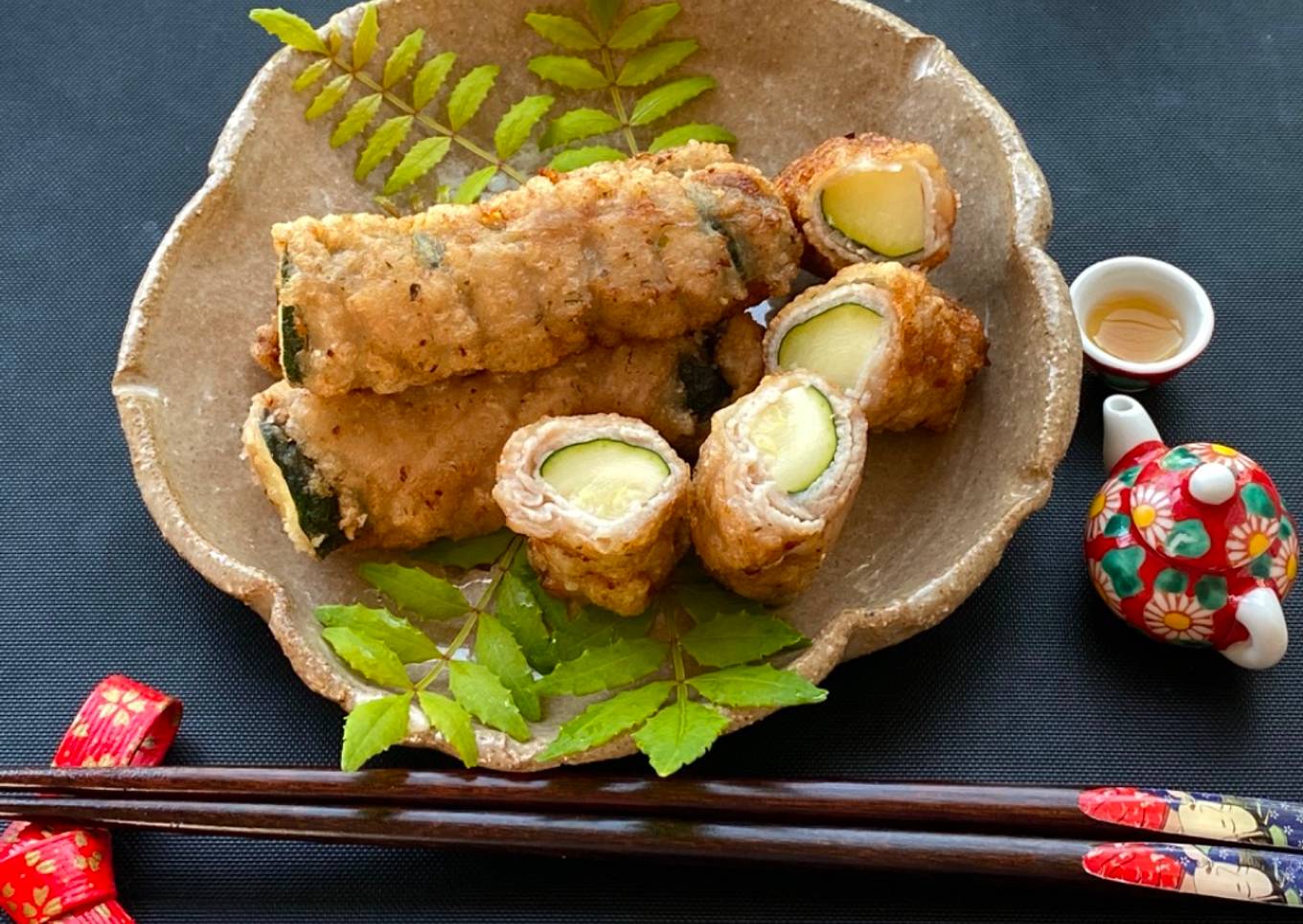 Zucchini Karaage wrapped in thin slices of pork