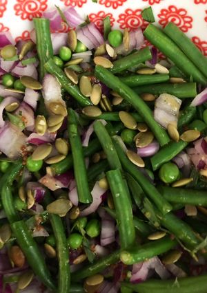 A picture of Warm green beans, peas and tarragon salad - vegan.