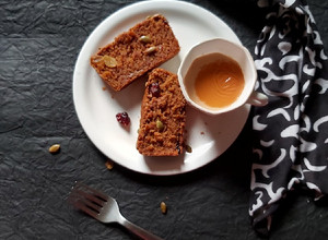 A picture of Carrot Cake (Whole Wheat, Eggless, Refined Sugarfree).