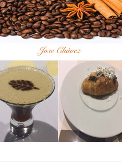 Una foto de Cóctel espresso Martini y croissant, ternera y polvo de yogurt