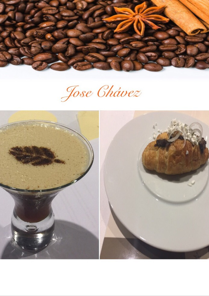 Una foto de Cóctel espresso Martini y croissant, ternera y polvo de yogurt