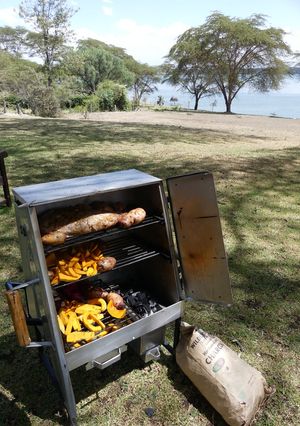 A picture of Safari oven baked vegetables and a garlic ginger pork shoulder.