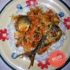 A picture of White rice and cabbage stew.
