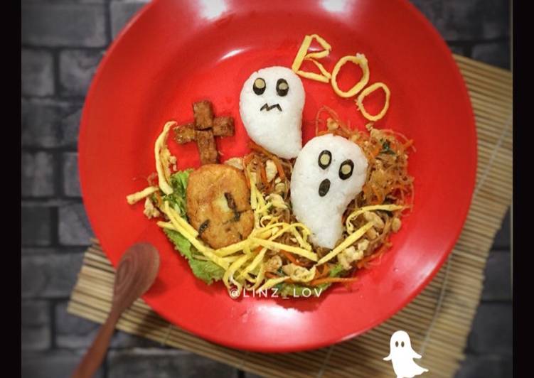 Resep Nasi Uduk tema Halloween - bekal anak halloween - bento halloween - bento karakter - kid bento Enak Banget