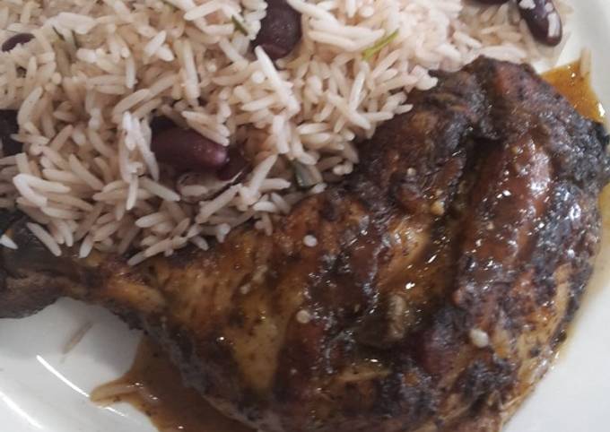 Jerk chickens with pea rice