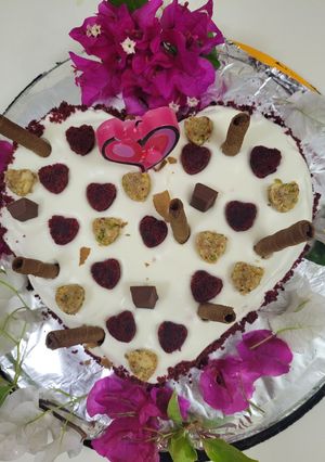 A picture of Red velvet cake with cheese cream frosting.