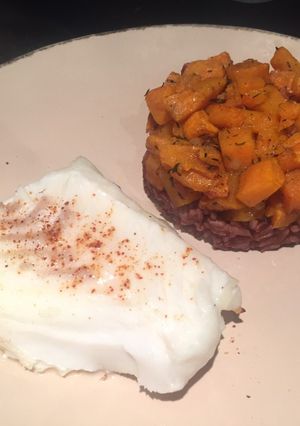 Une photo de Dos cabillaud riz complet & patates douces