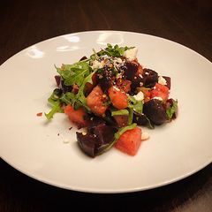 A picture of Beet Watermelon Arugula Salad with Lemon Mints Flavors.