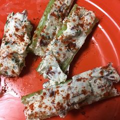 Bacon and chive stuffed celery sticks A picture of Bacon and chive stuffed celery sticks.