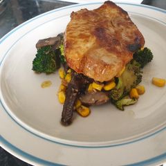 A picture of Miso mustard pork & broccoli salad.