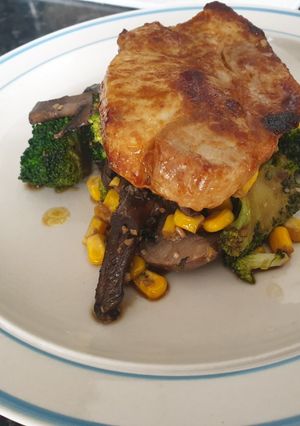 A picture of Miso mustard pork & broccoli salad.
