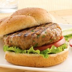 Asian-style Turkey Burgers with Baked Onion Rings A picture of Asian-style Turkey Burgers with Baked Onion Rings.