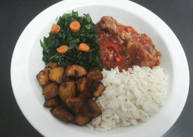 Rice,Fried plantain with vegetable and tomatoe stew