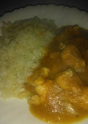 Una foto de Pollo y arroz con salsa de ciruela, zanahoria y cebolla