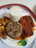 White Rice, Beans, Plantain and Cat Fish Stew