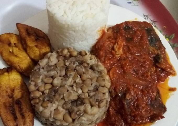 White Rice, Beans, Plantain and Cat Fish Stew