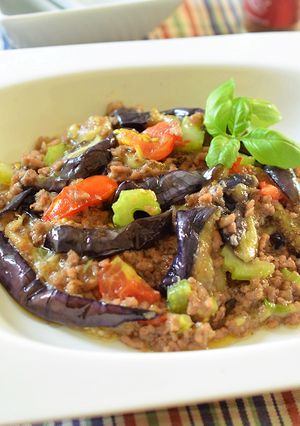 A picture of Light Eggplant Mapo with Chili Powder and Mentsuyu.
