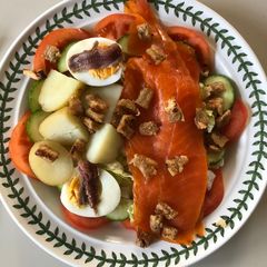 A picture of Smoked Trout, Egg & Anchovy Salad with Garlic Croutons.