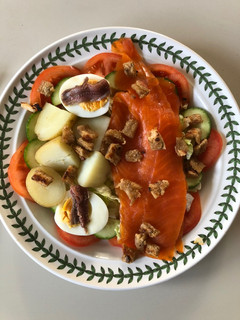 A picture of Smoked Trout, Egg & Anchovy Salad with Garlic Croutons.