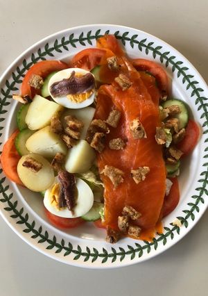 A picture of Smoked Trout, Egg & Anchovy Salad with Garlic Croutons.