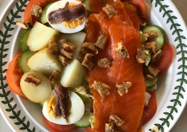 Steps to Prepare Quick Smoked Trout, Egg &amp; Anchovy Salad with Garlic Croutons