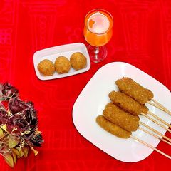 A picture of Yam kebab with beef.