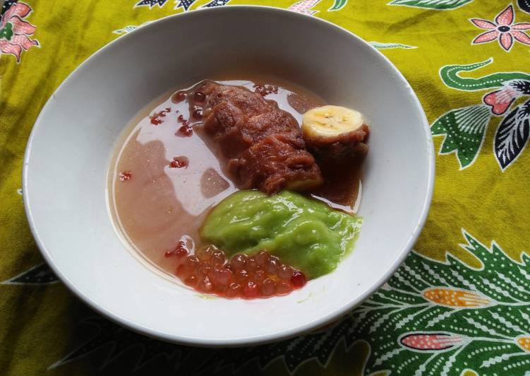 resep cara membuat Pisang Cokelat Bubur Sumsum Pandan Mutiara, Dengan Kuah Merah Putih