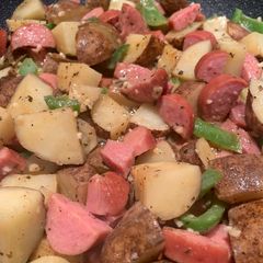 A picture of Smoked sausage potatoes and peppers.