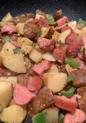 A picture of Smoked sausage potatoes and peppers.