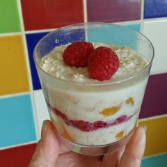 A picture of Vickys Peach Melba Overnight Oats, GF DF EF SF NF.