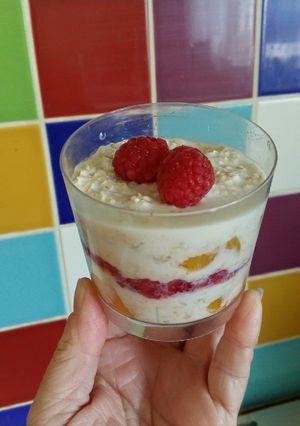 A picture of Vickys Peach Melba Overnight Oats, GF DF EF SF NF.